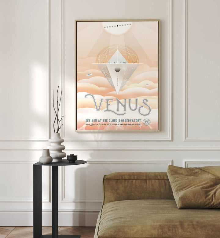 Venus Astronaut & Nasa Paintings, Space Art Prints Artwork in Oak Wood Floater Frame placed on a White Colored Wall near a Brown Sofa in the Living Room



