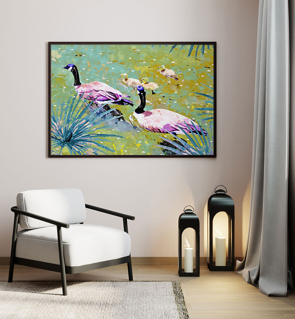 VIBRANT GEESE FAMILY POND