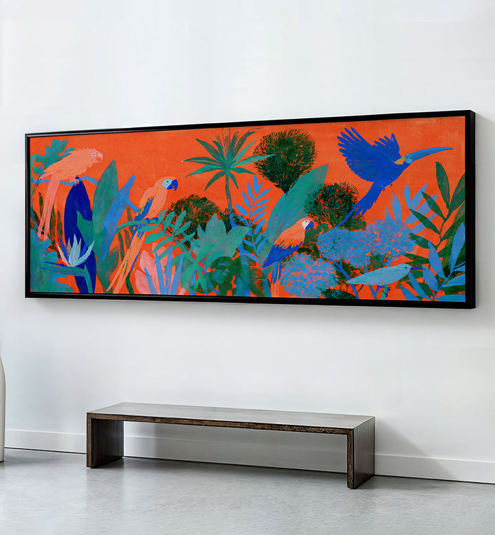 VIBRANT JUNGLE PARROTS , PANORAMIC ART