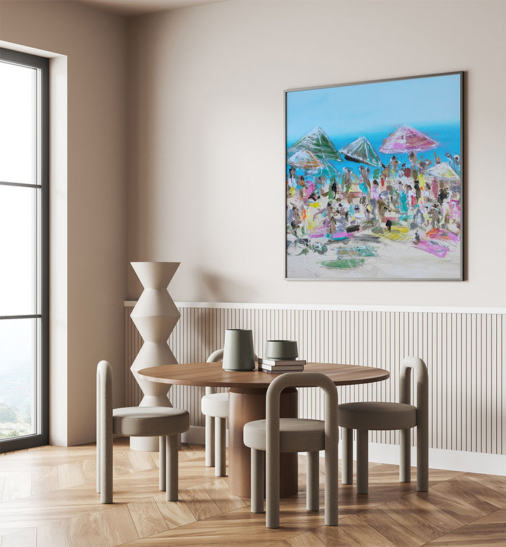 Bright and lively scene of VIBRANT BEACH BLISS, BEACH PAINTINGS enhancing a modern living space with coastal charm.