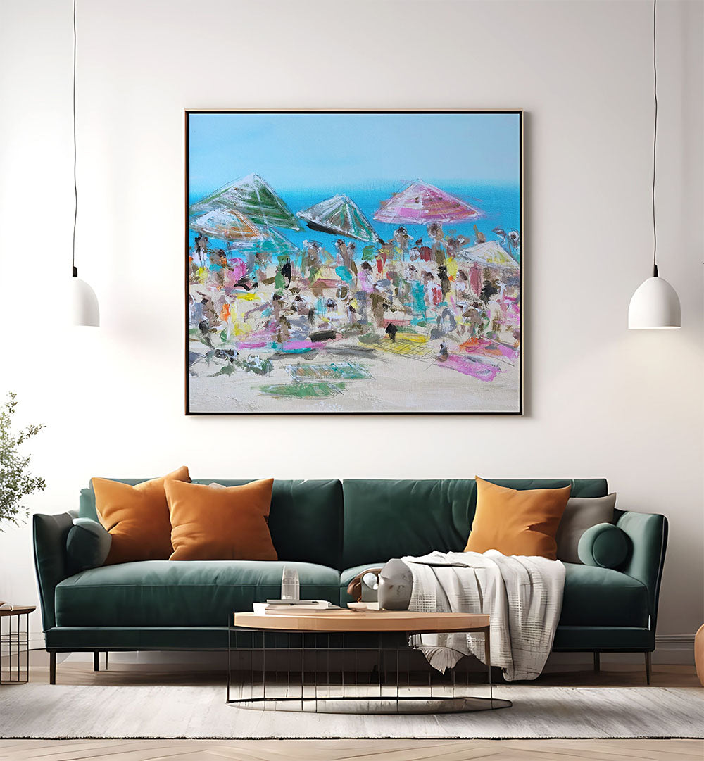 VIBRANT BEACH BLISS, BEACH PAINTINGS bring seaside serenity to your home with colorful beach scenes and joyful crowds.
