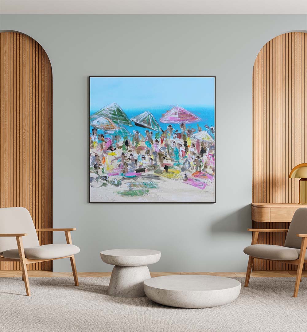 Bright and lively scene of VIBRANT BEACH BLISS, BEACH PAINTINGS capturing the joy of seaside life in your home.