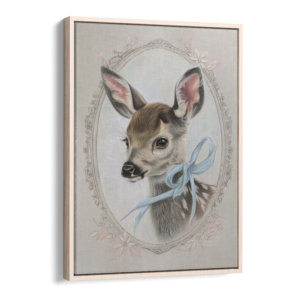 Vintage Fawn Kids Art Artwork in Oak Wood Floater Frame
