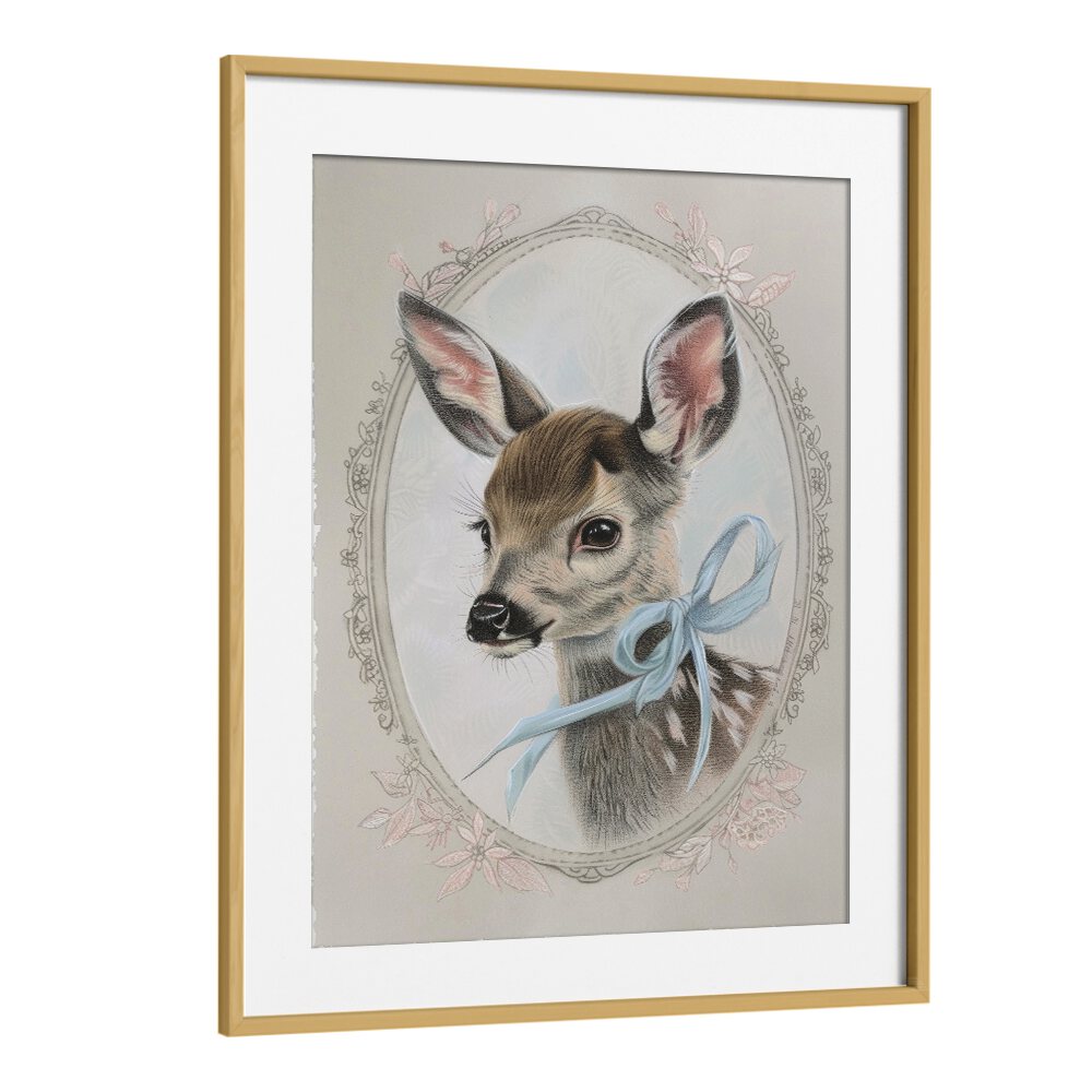 Vintage Fawn Kids Art Artwork in Oak Wood Frame With Mount
