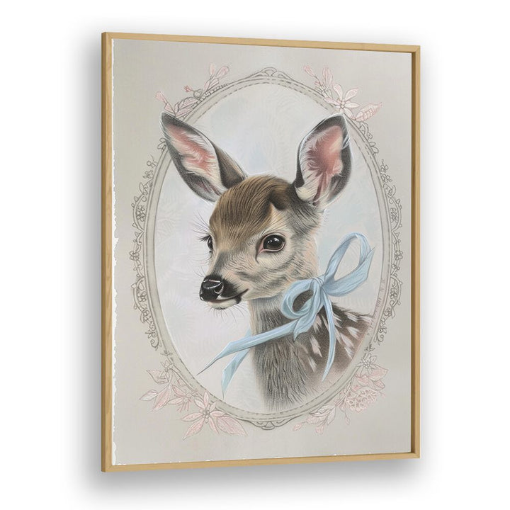 Vintage Fawn Kids Art Artwork in Oak Wood Plain Frame
