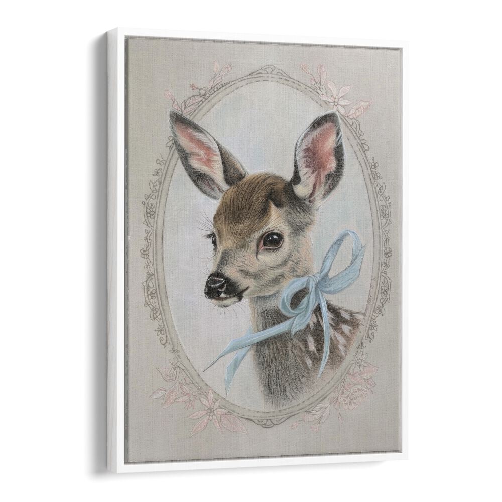 Vintage Fawn Kids art painting Artwork in White Floater Frame
