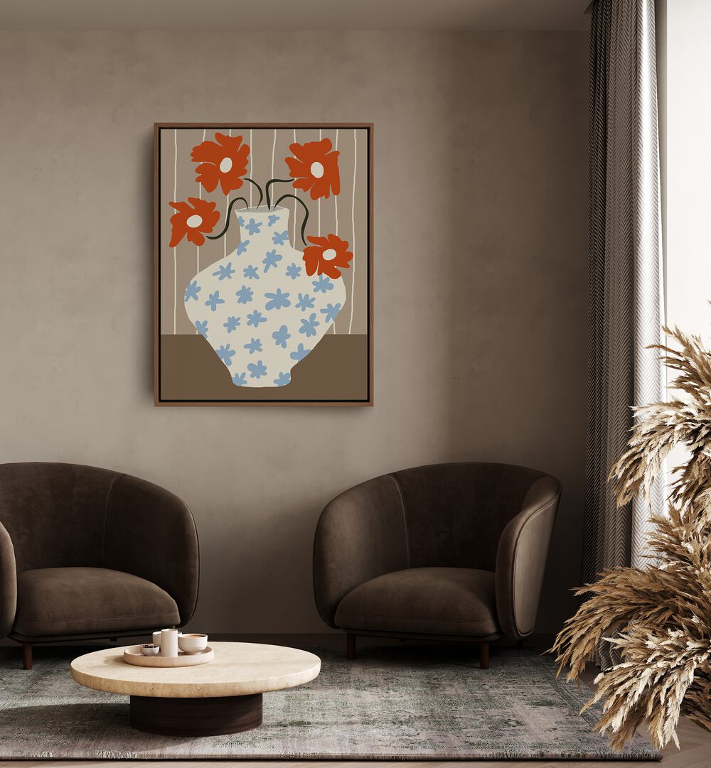 Vintage Floral Pottery, Botanical Art Paintings Artwork in Oak Wood Floater Frame
placed on a Beige Colored Wall
near a Set of Brown Sofa Chairs 
in the Living Room
