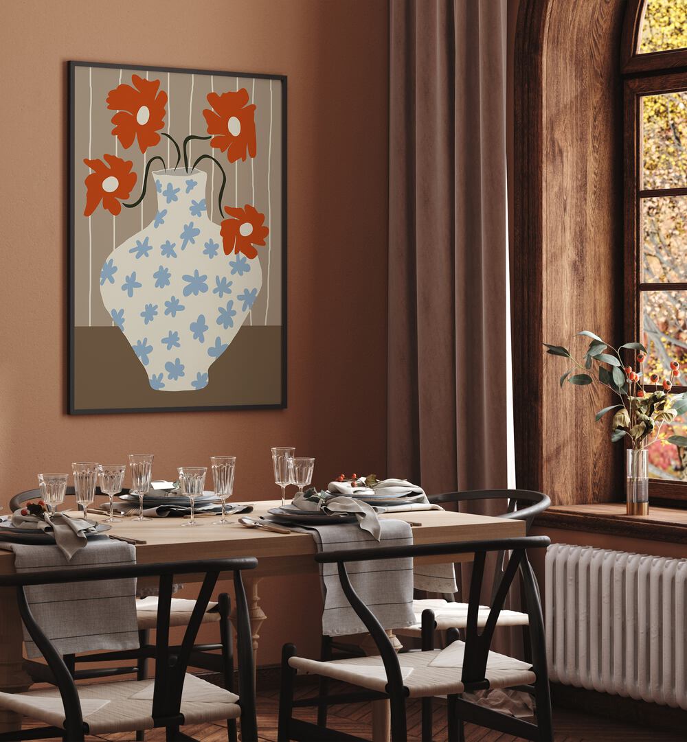 Vintage Floral Pottery, Botanical Art Paintings Artwork in Black Plain Frame
placed on a Brown Colored Wall
near a Dining Table
in the Dining Room
