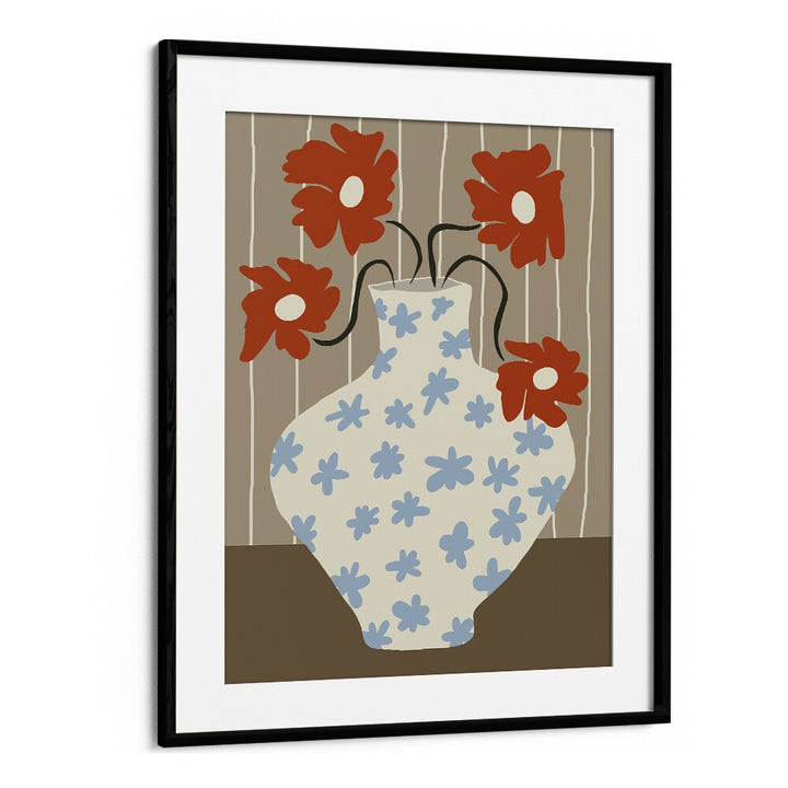Vintage Floral Pottery, Botanical Art Paintings Artwork in Black Frame With Mount
