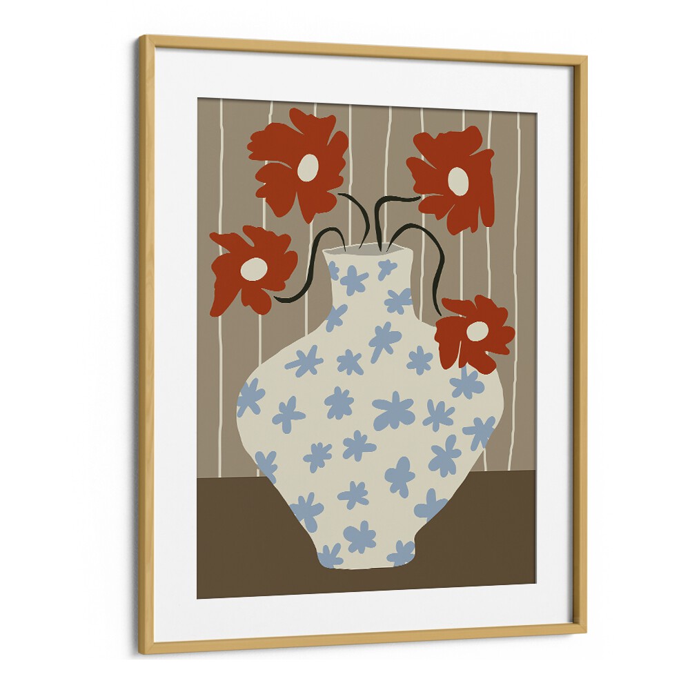Vintage Floral Pottery, Botanical Art Paintings Artwork in Oak Wood Frame With Mount
