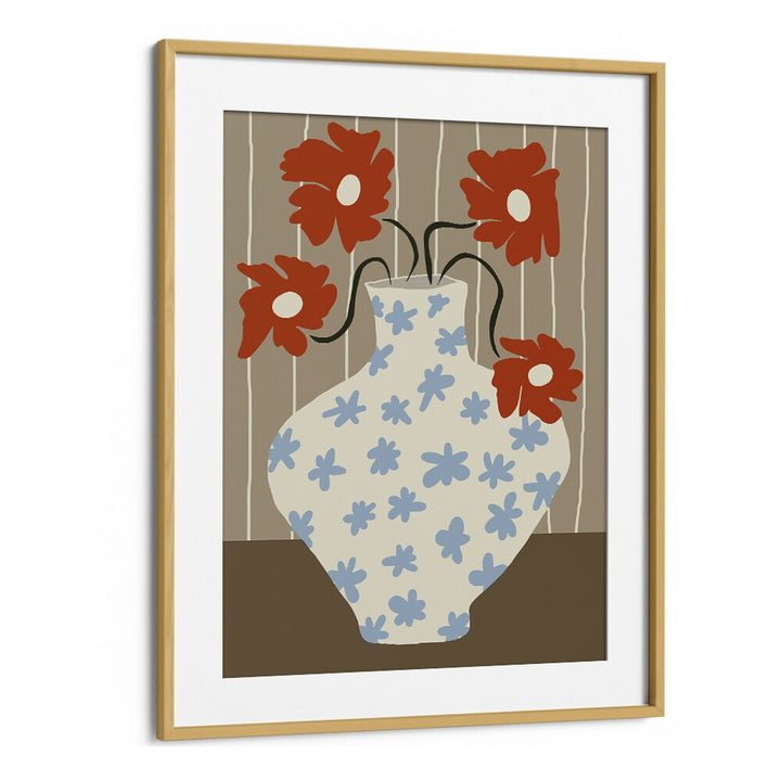 Vintage Floral Pottery, Botanical Art Paintings Artwork in Oak Wood Frame With Mount
