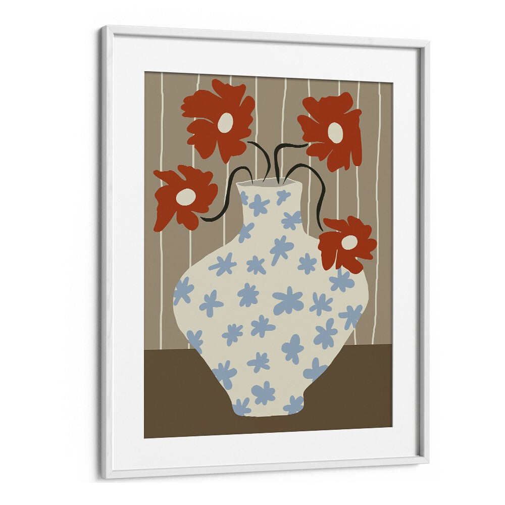 Vintage Floral Pottery, Botanical Art Paintings Artwork in White Frame With Mount
