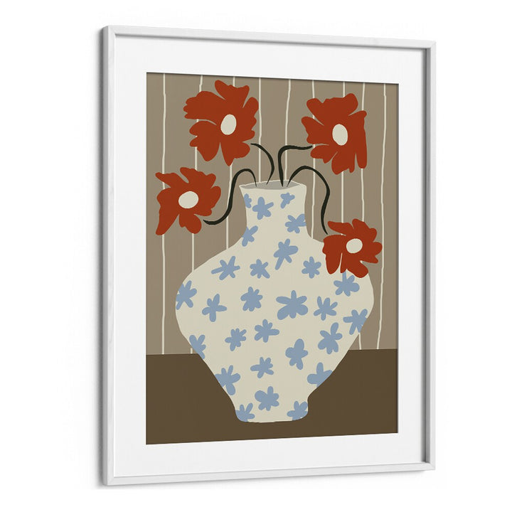 Vintage Floral Pottery, Botanical Art Paintings Artwork in White Frame With Mount
