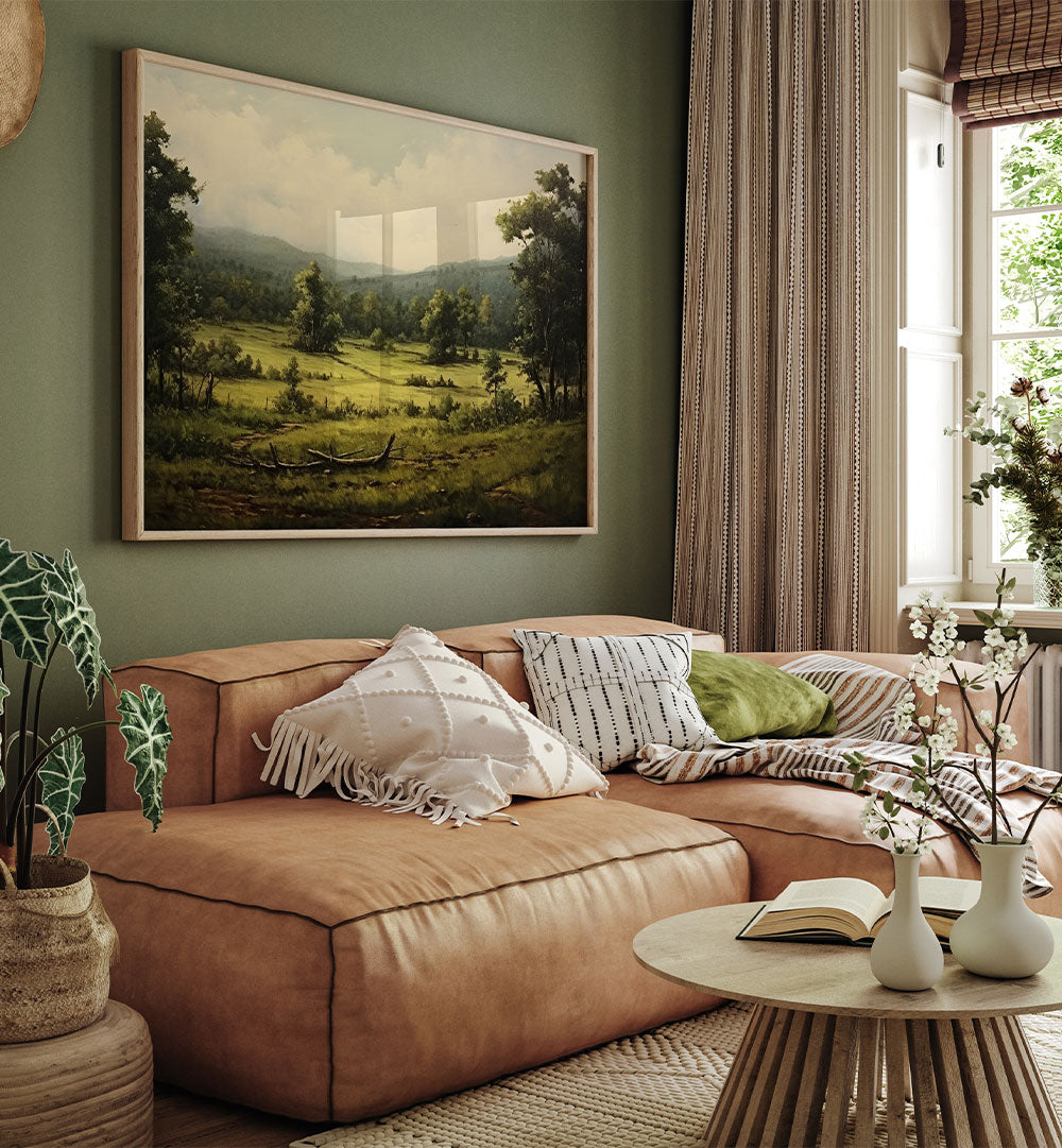 VINTAGE GREEN LANDSCAPE PAINTING , VINTAGE LANDSCAPE