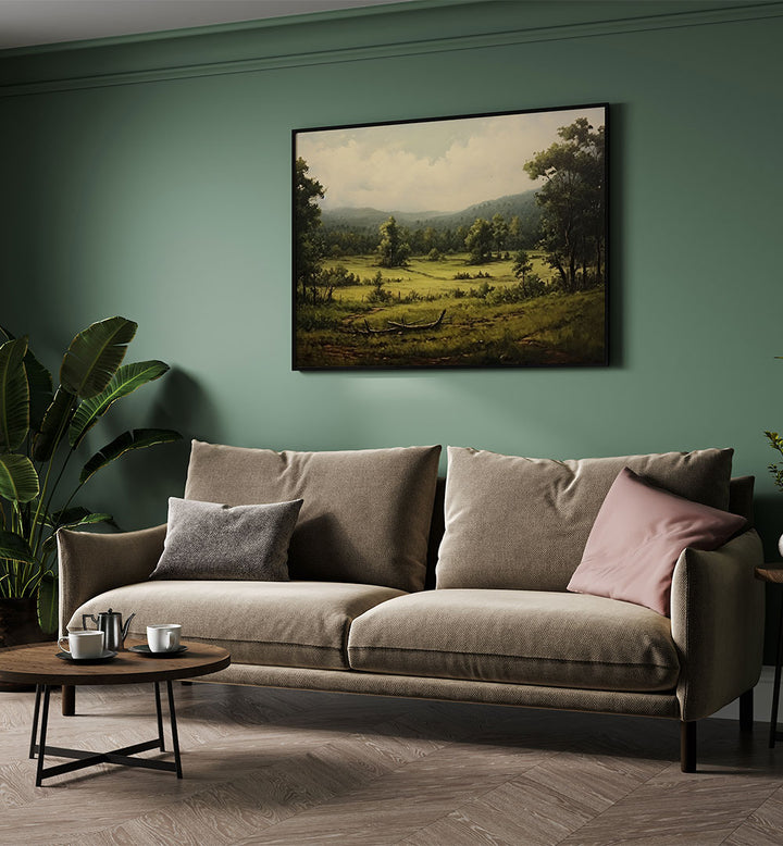 VINTAGE GREEN LANDSCAPE PAINTING , VINTAGE LANDSCAPE