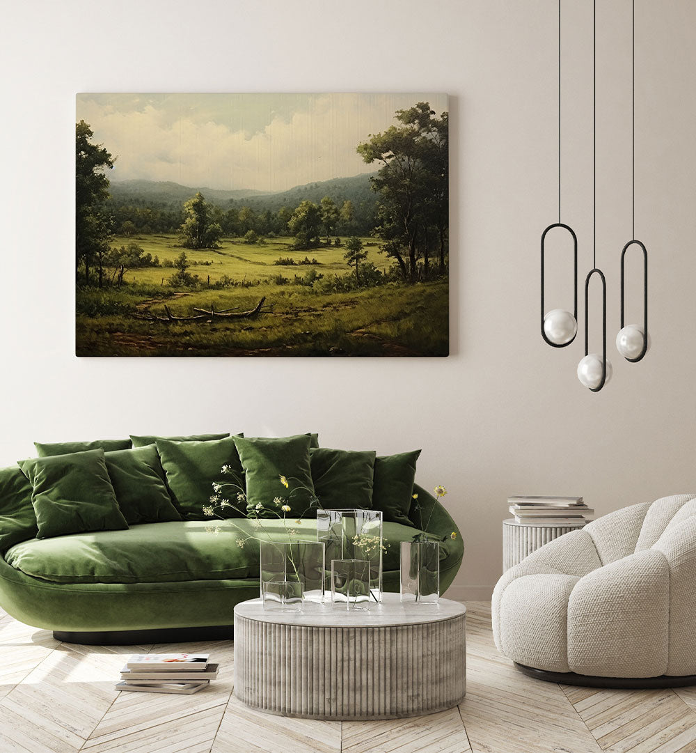 VINTAGE GREEN LANDSCAPE PAINTING , VINTAGE LANDSCAPE