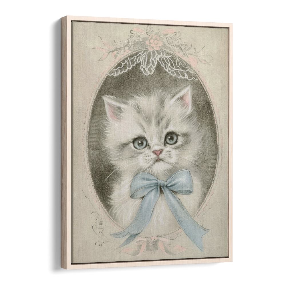 Vintage Kitten Kids Art Artwork in Oak Wood Floater Frame
