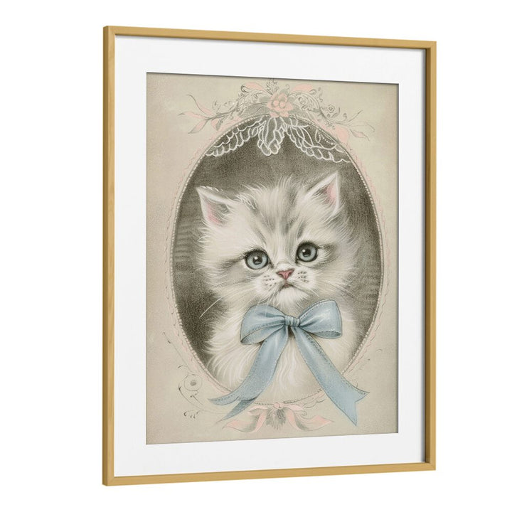 Vintage Kitten Kids Art Artwork in Oak Wood Frame With Mount
