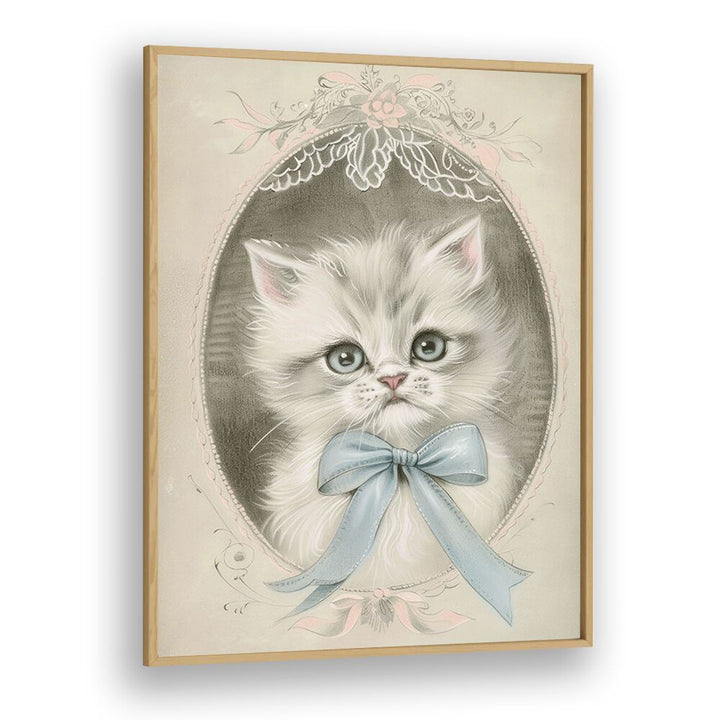 Vintage Kitten Kids Art Artwork in Oak Wood Plain Frame
