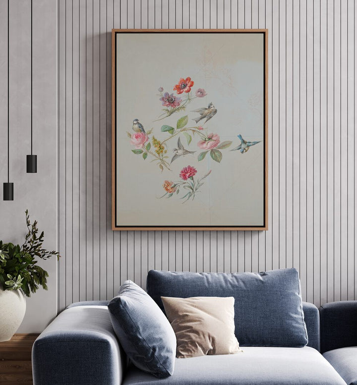 Vintage Swallows Botanical Flower Paintings Artwork Placed on a wall