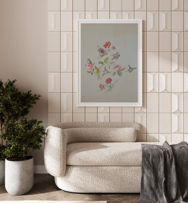 Vintage Swallows Botanical Flower Paintings Artwork Placed on a wall