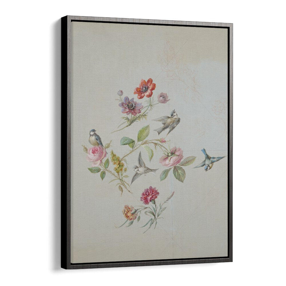 Vintage Swallows Botanical Flower Paintings Artwork  in Black Floater Frame