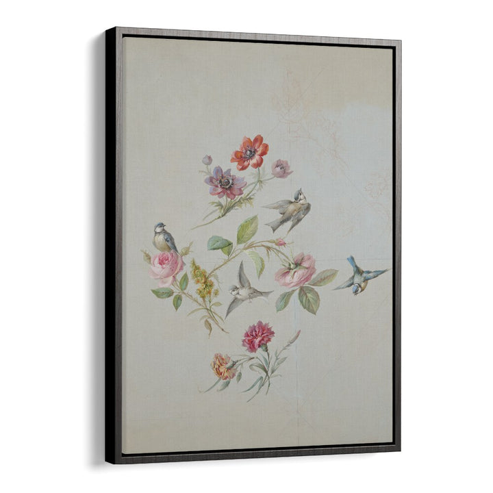 Vintage Swallows Botanical Flower Paintings Artwork  in Black Floater Frame