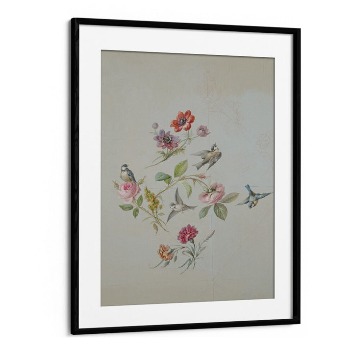 Vintage Swallows  Botanical Flower Paintings Artwork  in Black Frame With Mount