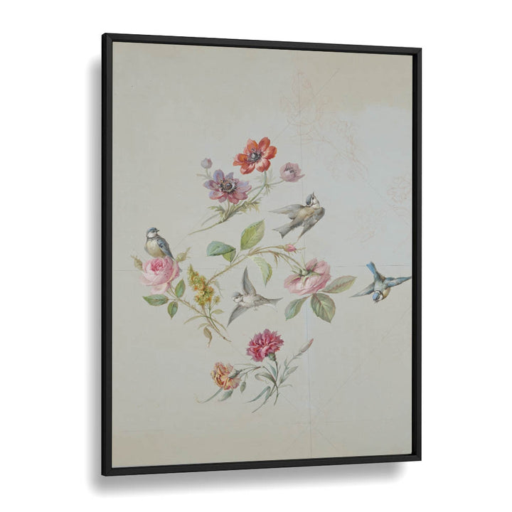 Vintage Swallows Botanical Flower Paintings Artwork  in Black Plain Frame