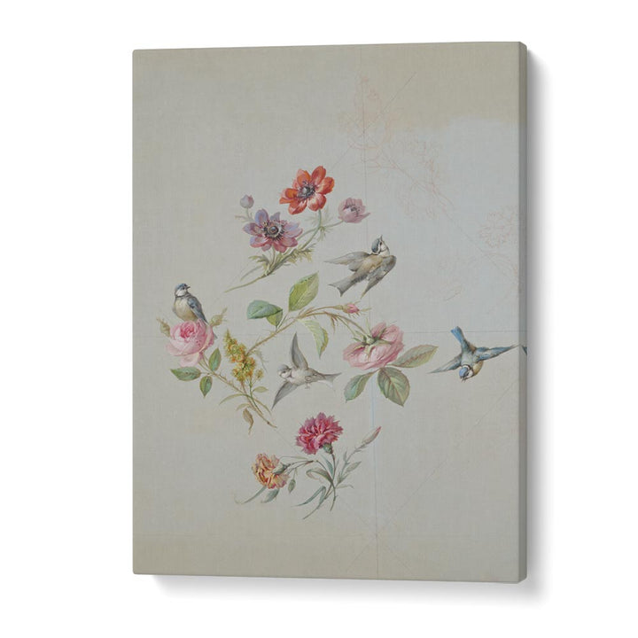 Vintage Swallows Botanical Flower Paintings Artwork in Gallery Wrap