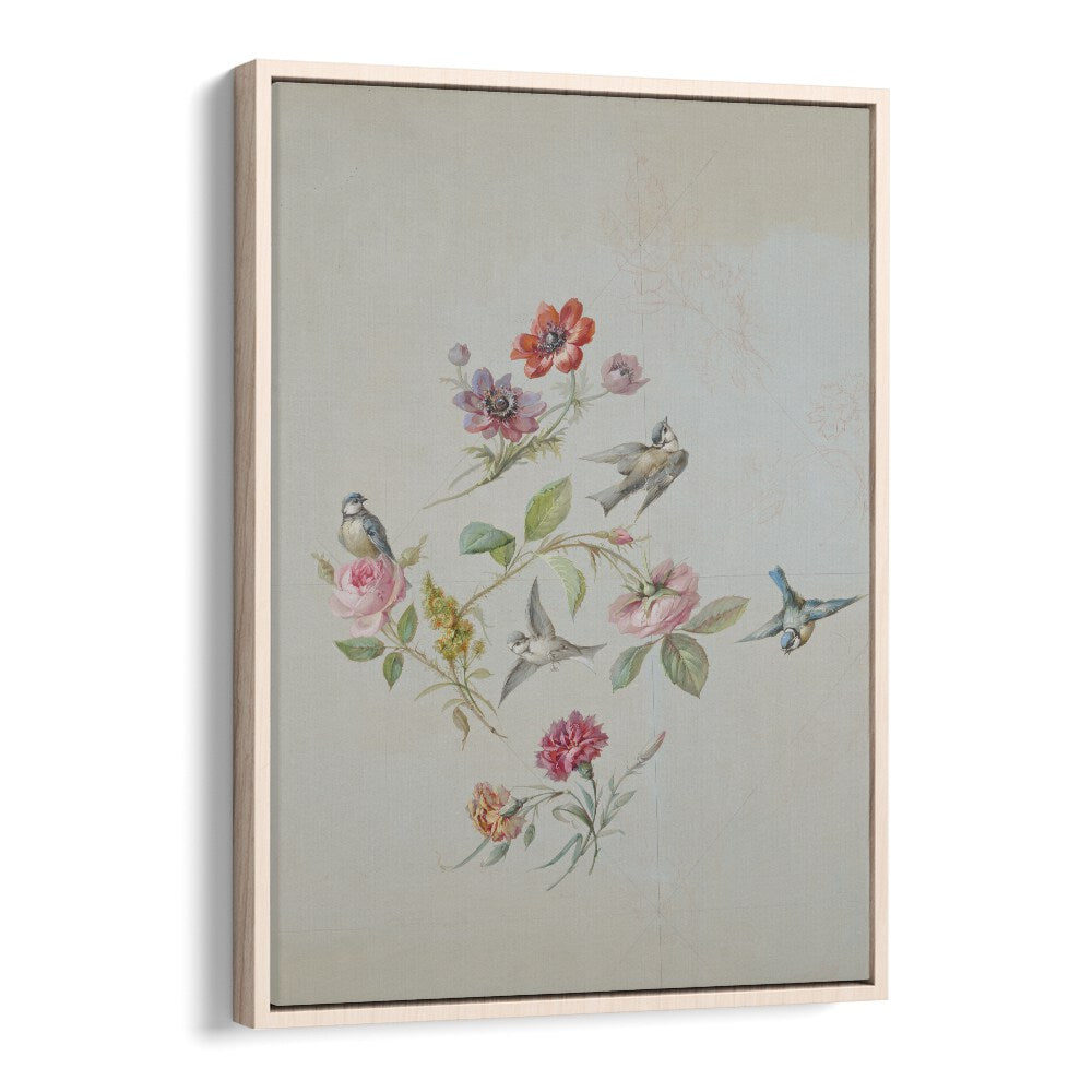 Vintage Swallows Botanical Flower Paintings Artwork in Oak Wood Floater Frame