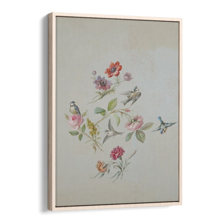 Vintage Swallows Botanical Flower Paintings Artwork in Oak Wood Floater Frame