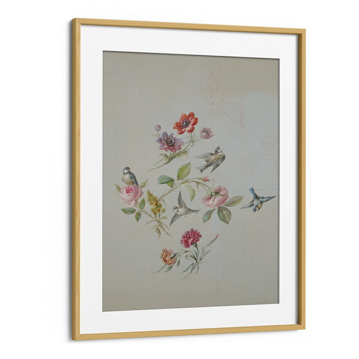 Vintage Swallows Botanical Flower Paintings Artwork in Oak Wood Frame With Moun