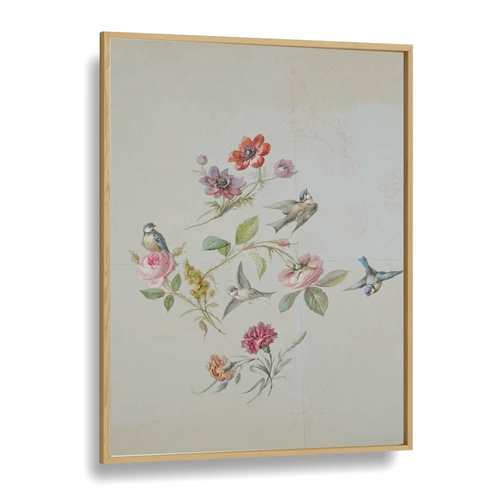 Vintage Swallows Botanical Flower Paintings Artwork in Oak Wood Plain Frame