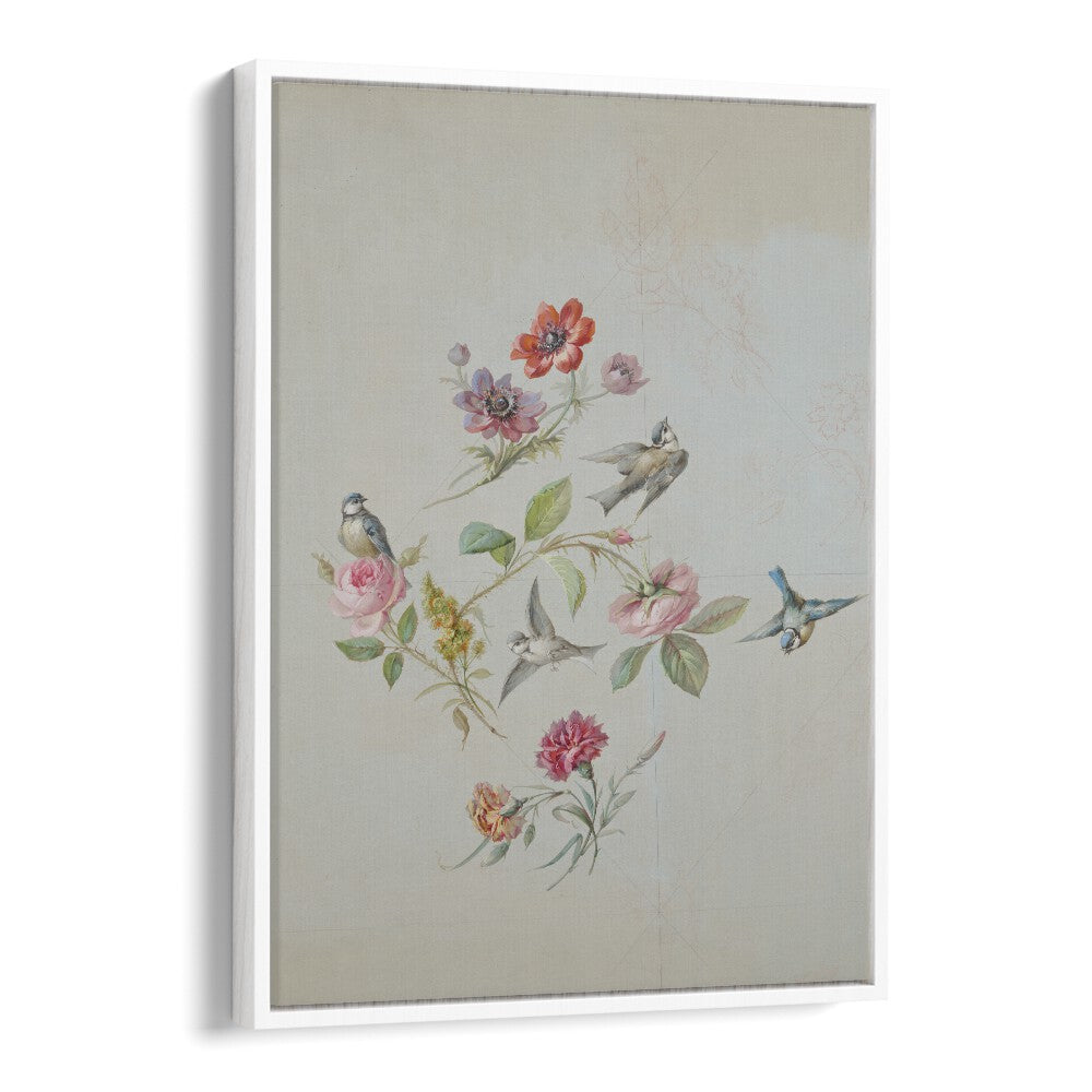 Vintage Swallows Botanical Flower Paintings Artwork  in White Floater Frame