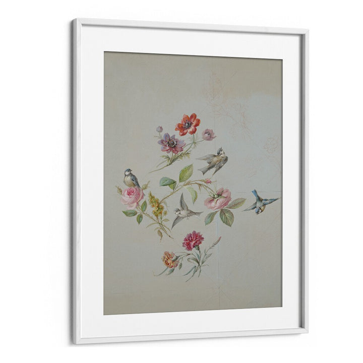 Vintage Swallows  Botanical Flower Paintings Paintings Artwork  in White frame With Mount