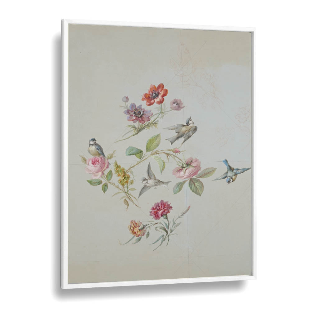 Vintage Swallows Botanical Flower Paintings Artwork  in White Plain Frame