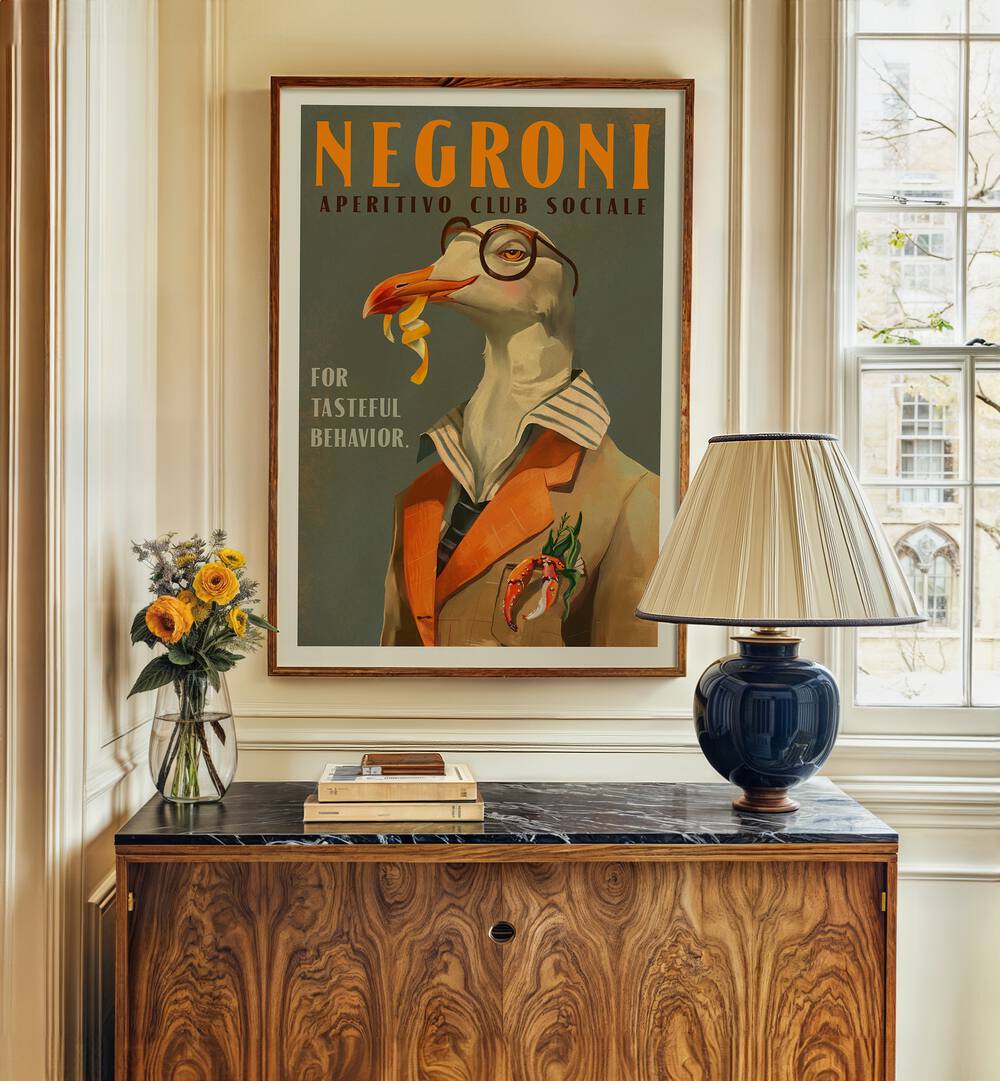 Vintage Art Deco poster featuring the FANCY SEAGULL NEGRONI, BAR art to elevate your decor with charm.