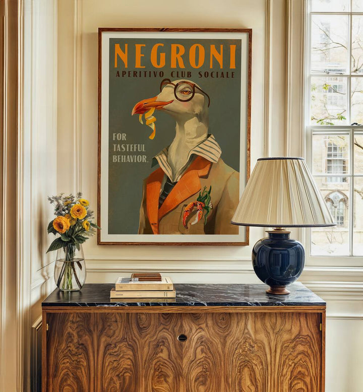 Vintage Art Deco poster featuring the FANCY SEAGULL NEGRONI, BAR art to elevate your decor with charm.