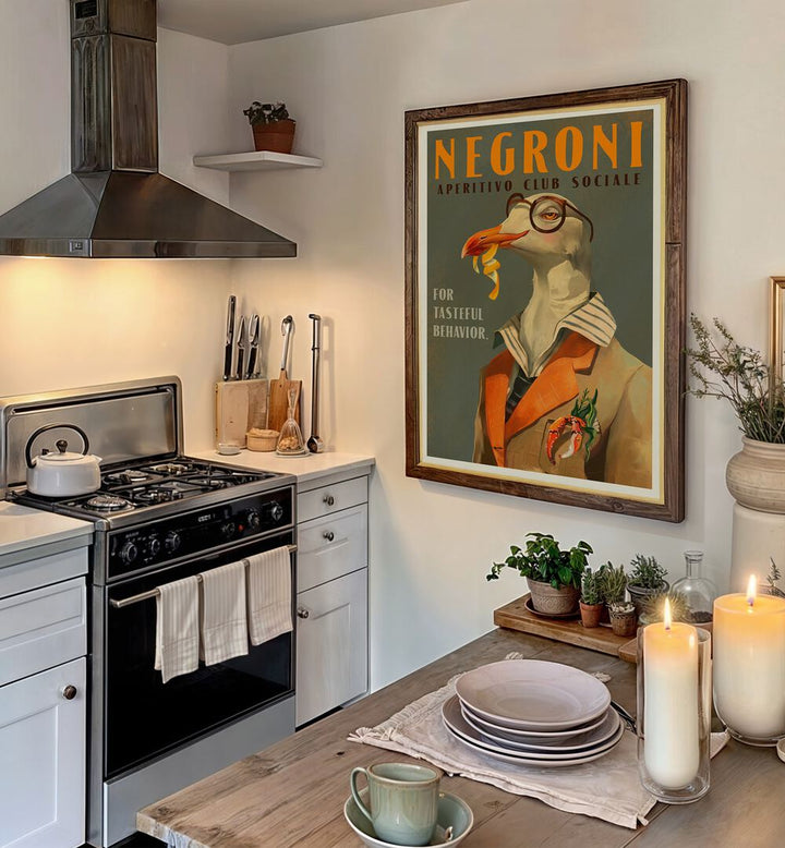 Vintage art deco poster featuring a stylish seagull for the FANCY SEAGULL NEGRONI, BAR decor. Perfect for any cafe.