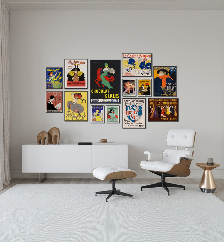 Stylish VINTAGE ERA GALLERY WALL featuring Art Nouveau posters, perfect for modern living rooms and GALLERY WALLS.