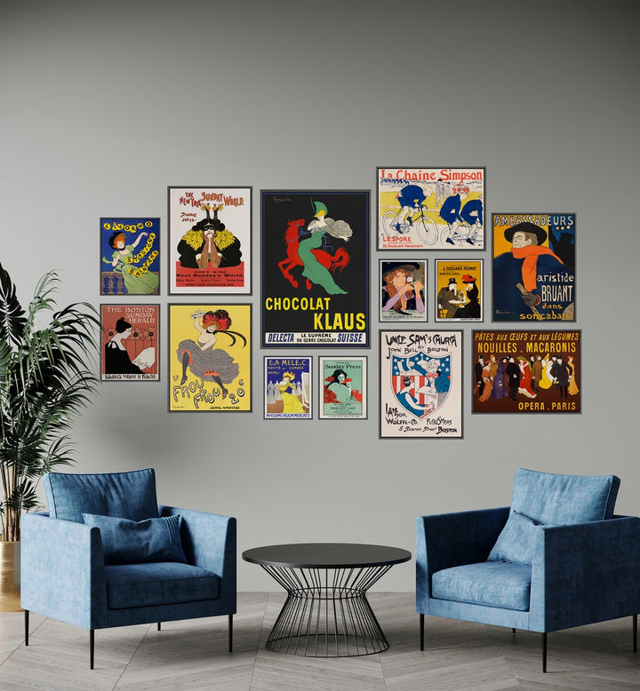 Curated Vintage Era Gallery Wall featuring vibrant Art Nouveau posters, perfect for stylish gallery walls in modern homes.