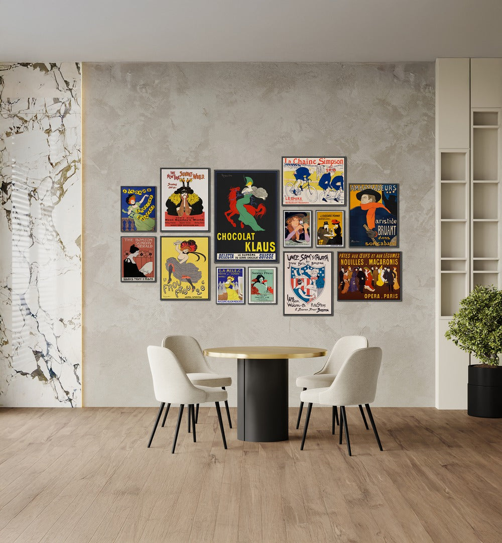 VINTAGE ERA GALLERY WALL showcases vibrant Art Nouveau prints, ideal for stylish gallery walls in modern homes.