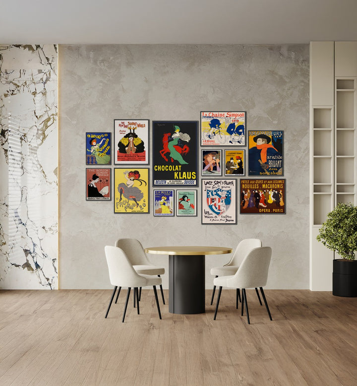 VINTAGE ERA GALLERY WALL showcases vibrant Art Nouveau prints, ideal for stylish gallery walls in modern homes.