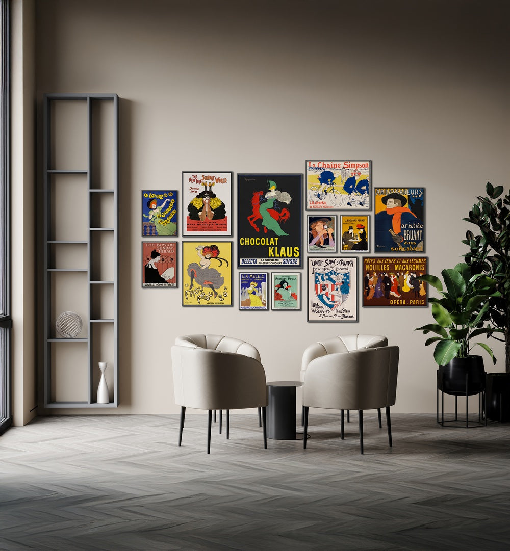 VINTAGE ERA GALLERY WALL showcases vibrant Art Nouveau posters, perfect for stylish gallery walls in modern homes.