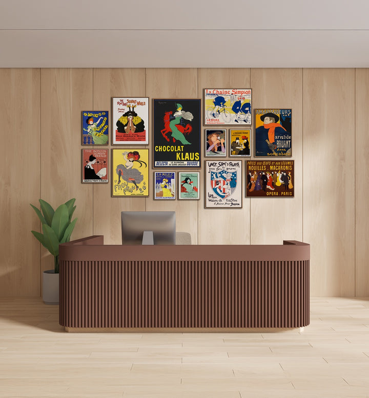 Stylishly arranged VINTAGE ERA GALLERY WALL with Art Nouveau prints, perfect for modern living spaces. Ideal for GALLERY WALLS.