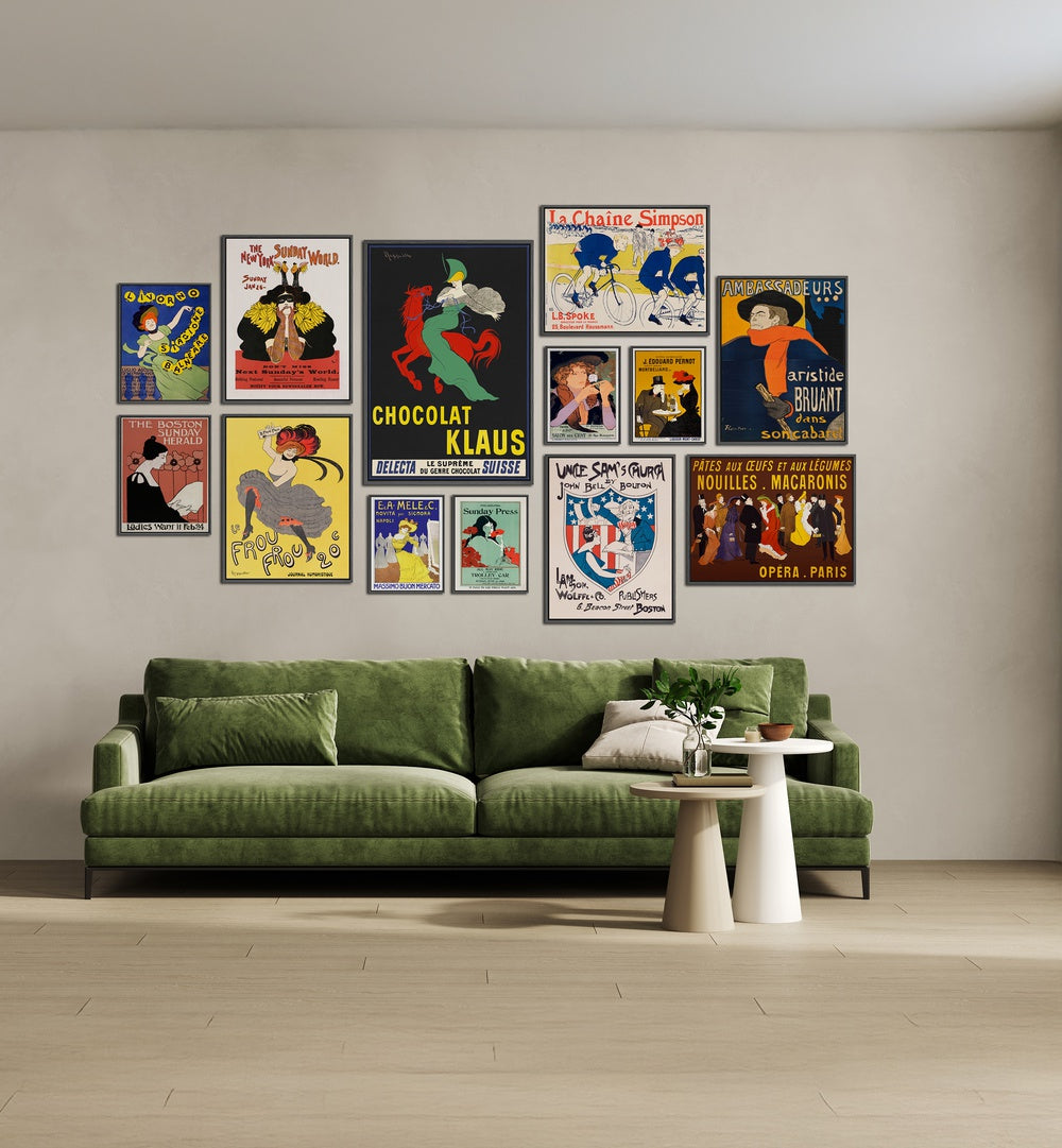 VINTAGE ERA GALLERY WALL showcases vibrant Art Nouveau prints, perfect for stylish gallery walls in modern living rooms.