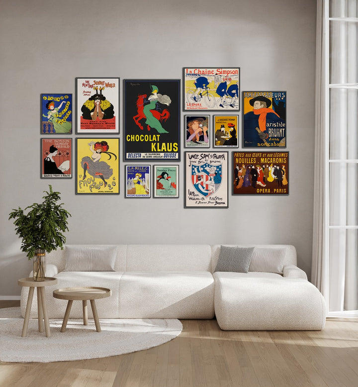 VINTAGE ERA GALLERY WALL showcasing Art Nouveau posters, perfect for enhancing modern living room decor.