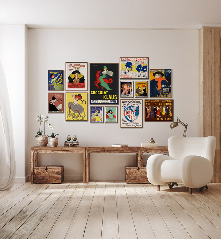 VINTAGE ERA GALLERY WALL features vibrant Art Nouveau prints, perfect for stylish GALLERY WALLS in modern living rooms.