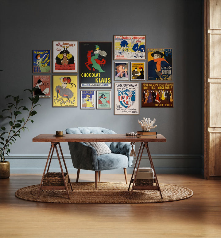 Vibrant Vintage Era Gallery Wall showcasing Art Nouveau posters, perfect for modern living room decor.